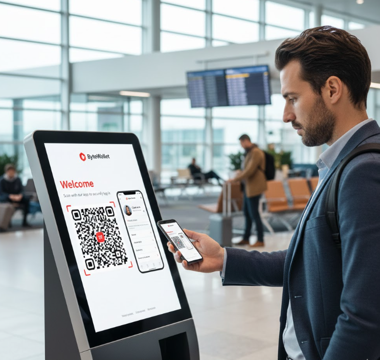 Illustration of passwordless authentication at an airport kiosk